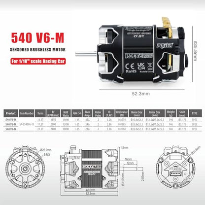 Surpass Hobby Rocket 540 V6M Sensored Brushless Motor, Light-Weight Heat-Resistant Brushless Motor for 1/10 Scale RC Racing Car (Shaft 3.175mm, 13.5T KV) - size: 13.5T KV, style: 540-V6M Motor