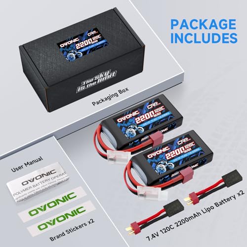OVONIC 2S Lipo Battery 7.4V 2200mAh 120C with Dean-Style T to TRA Connector for RC Car Truck Vehicles Boat Drone Airplane Quadcopter Helicopter FPV Racing Hobby Models Pro Truck Boat Jet 2 Batteries