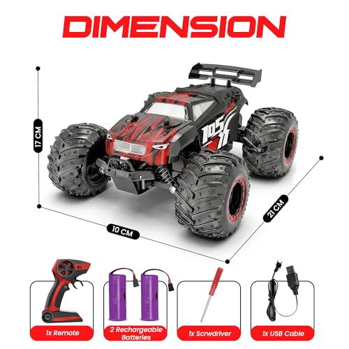 Remote Control Car, 2.4GHz high Speed 20km/H, 1:16 Scale 4 * 4 Off-Road RC Truck, High Speed All-Terrain Racing Vehicle with 2*Rechargeable Batteries, LED Lights, Gifts for Kids & Adults