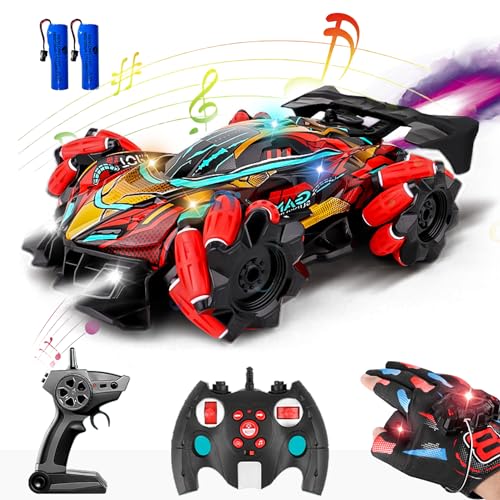 GoolRC RC Stunt Car, Gesture Sensing RC Cars, 2.4GHz 4WD Remote Control Car with 360° Rotating, Spray, Lights & Music, 3 Control Mode for Adults Birthday Gifts, 2 Battery (Red) - color: Red, size: 2 Batteries