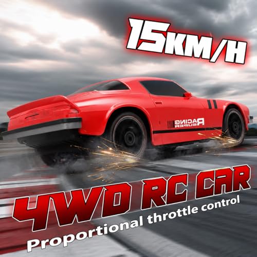 RC Drift Car Remote Control Car 2.4GHz 1/24 4WD 15KM/H High Speed Racing Sport with LED Lights Drifting Tire Racing Sport Toy for Adults Boys Girls Kids Gift 2Pcs Rechargeable Batteries - color: Red