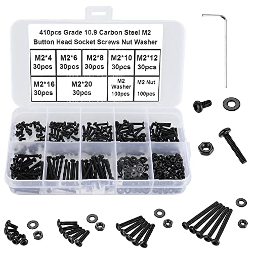 410Pcs Tiny Button Head Hex Socket Cap Screws, Black Grade 10.9 Alloy Steel, M2 x 4/6/8/10/12/16/20mm Allen Head Machine Screws, Nuts and Washers Kit with Hex Key, Fully Threaded Pitch: 0.4mm - color: Black-410Pcs M2 Button Head Socket Screw-10.9