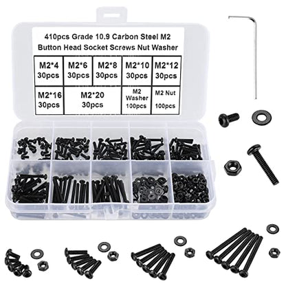 410Pcs Tiny Button Head Hex Socket Cap Screws, Black Grade 10.9 Alloy Steel, M2 x 4/6/8/10/12/16/20mm Allen Head Machine Screws, Nuts and Washers Kit with Hex Key, Fully Threaded Pitch: 0.4mm - color: Black-410Pcs M2 Button Head Socket Screw-10.9