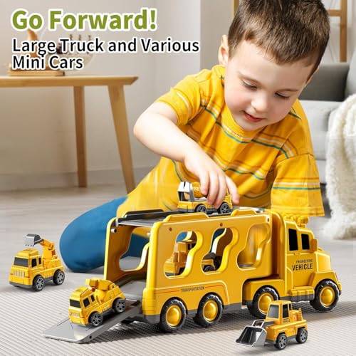 JUKUDAHU Construction Trucks for Kids 3-5 Years Old - Transport Vehicle | 1 Carrier Trucks for Kids with 4 Car Toy, Kids Excavator Crane, Sound and Light, 3+ Year Old Boy Gifts Birthday Toy - style: 5 IN 1 Construction Truck