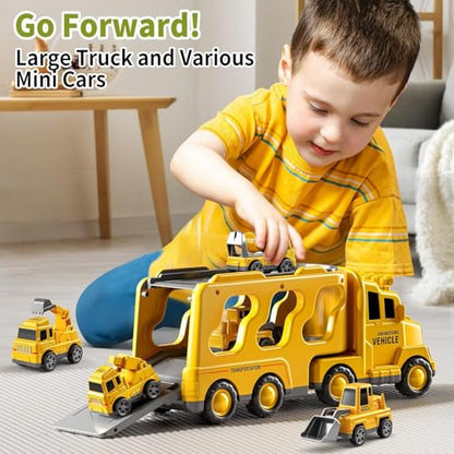 JUKUDAHU Construction Trucks for Kids 3-5 Years Old - Transport Vehicle | 1 Carrier Trucks for Kids with 4 Car Toy, Kids Excavator Crane, Sound and Light, 3+ Year Old Boy Gifts Birthday Toy - style: 5 IN 1 Construction Truck