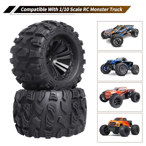 2.8'' Tires and Wheels 12mm Hex Pre-Glued 1/10 Monster Truck Tyres Sets for Traxxas Rustler Stampede Redcat Volcano Blackout MT Off-Road Cars Models 2S-4S Brushless Power, Set of 4