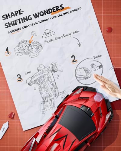 Veeniix V992 1:14 Scale 2-in-1 Transform RC Robot Car Toy, Red | Gesture Sensing & Auto Deformation, LED Lights & Sound, 2 Batteries 60 Min Play, Durable ABS, Gift for Kids Ages 6+ - color: Red