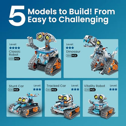 Sillbird Building Robot Kit STEM Gifts for Kids 8-13 with Remote Control | Coding Robotic Set, Birthday Presents for Boy, App-Controlled, Buildable 5in1 Models, Rechargeable Toy, LED Eyes, 473 Pieces - color: Gray-blue