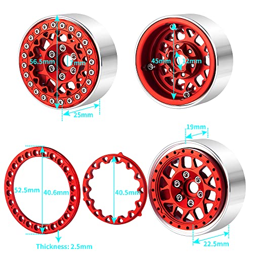 RCLIONS 1.9inch Beadlock Wheels Aluminum Rims for 1/10th RC Crawler Car - color: Red