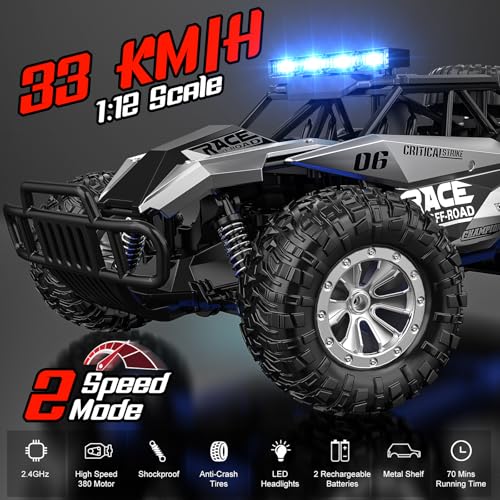 BLUEJAY Remote Control Car, 2.4GHz High Speed 33KM/H RC Cars Toys | 1:12 Monster RC Truck Off Road with LED Headlight and Rechargeable Battery Gifts for Adults Boys 8-12 - color: Metal Silver