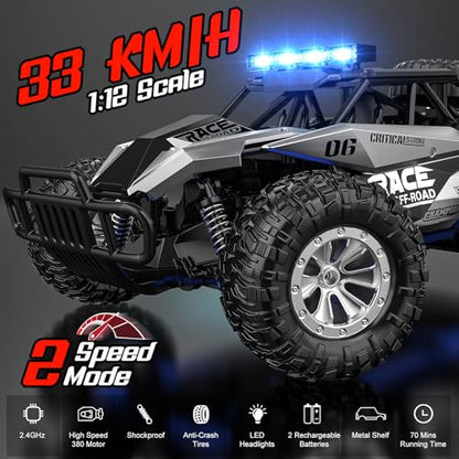 BLUEJAY Remote Control Car, 2.4GHz High Speed 33KM/H RC Cars Toys | 1:12 Monster RC Truck Off Road with LED Headlight and Rechargeable Battery Gifts for Adults Boys 8-12 - color: Metal Silver