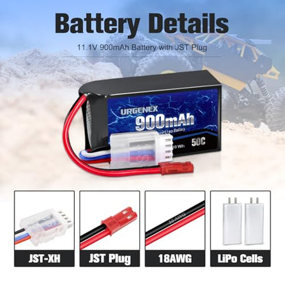 11.1V 900mAh Lipo Battery 3S 50C High Discharge Rate RC Battery Pack with JST Plug Rechargeable Lipos for RC Airplane Racing Drone Helicopter Quadcopter Micro FPV RC Car Truck Boat