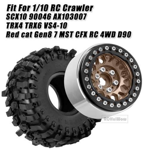 RC 1.9 Beadlock Wheels 1.9 Beadlock Tires for 1/10 SCX10 90046 AX103007 TRX4 TRX6 D90 VS4-10 MST CFX Gen8 7 RC Crawler,Alloy Aluminium rc Wheel Rim w/Rings & Rubber Tires,Brown w/Black - color: Brown(4pcs)