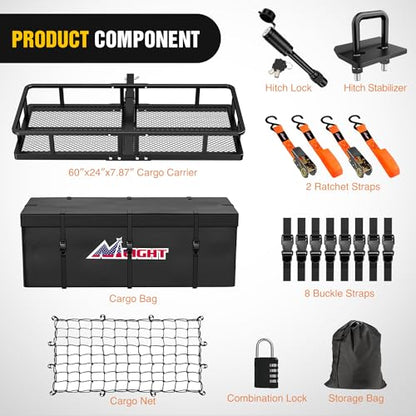 Nilight 60" x 24"x 7.87" Folding Carrier Fits 2-Inch Receiver 500 Lbs Capacity Bag Net Ratchet Straps Lock Stabilizer for SUV Pickup RV Van - style: 24" Basket w/Bag,Net,Straps,Stabilizer,Lock
