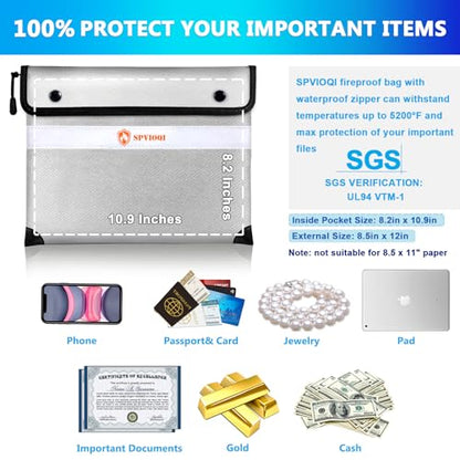 Upgraded 5200°F Fireproof Document Bag with Heat Insulated, Water Fire Proof Bags with Zipper,8 Layers of Functional Materials and Reflective Strip, Fireproof Money Bag for Cash/Documents/Valuables - color: Silver Gray, size: 12" x 8.5"