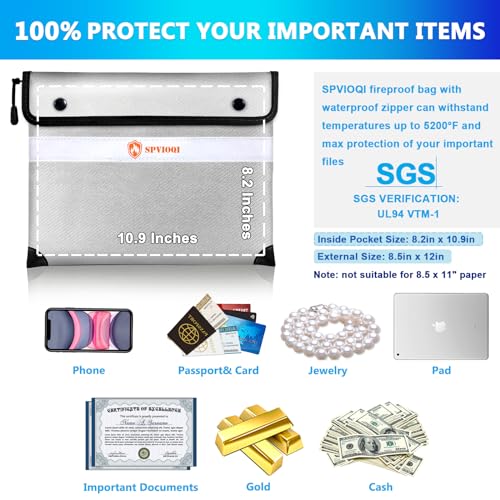 Upgraded 5200°F Fireproof Document Bag with Heat Insulated, Water Fire Proof Bags with Zipper,8 Layers of Functional Materials and Reflective Strip, Fireproof Money Bag for Cash/Documents/Valuables - color: Silver Gray, size: 12" x 8.5"