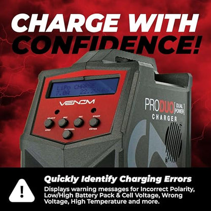 Venom Power Pro Duo LiPo Battery Charger - LCD Screen, Charging Leads - Balance Charger & Discharger for LiPo, LiHV, Li-Ion, Life, NiMH, NiCD, Pb Batteries - Power Supply for 1S- 6S, Drone & RC Cars