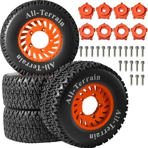 1/10 RC Short Course Truck Tire and Wheel- 12mm/17mm Hex, Orange | All-Terrain Tires and Nylon Wheels Compatible with 1/10 Traxxas Slash 4WD 2WD Arrma Senton Axial Losi Redcat RC Buggy, 4-Pack - color: Orange