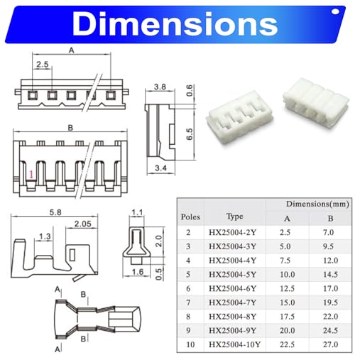 JST 2.54mm Connector with 22AWG Pre-Crimped Wire Kit, JST EH 2.54 2.54MM 2Pin 3Pin 4Pin 5Pin 6Pin 7Pin 8Pin 9Pin 10Pin Housing with 22AWG Wires for PCB Board & Electronics (JTS-2.5-EH) - size: 2.5MM-EH