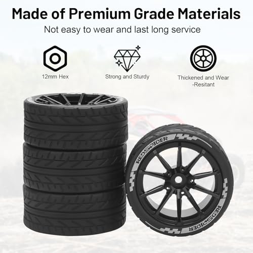 1/10 RC On Road Tires and Aluminum Wheels, daitoku 12mm RC Rally Racing Tires for 1/10 Tamiya TT01 TT02 XV01 TA06 A959 PTG2 HPI KYOSHO PTG2 Traxxas - Style C (Black) - color: Style C (Black)