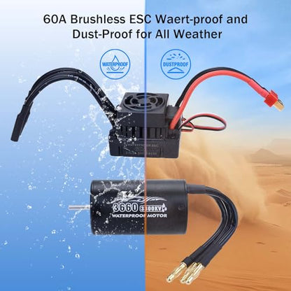 Surpass Hobby 3660 3300KV Brushless Motor and ESC 60A 2S Waterproof RC Motor ESC Combo for 1/10 Remote Control Cars Trucks Off-Road Vehicle - size: 3300KV, style: 3660 Motor and 60A ESC