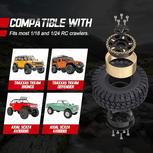 HobbyPark Brass 1.0 Beadlock Wheels and Tires for TRX4M Upgrades Axial SCX24 1/24 RC Crawler Replacement Parts, Set of 4 (Type D) - style: Type D