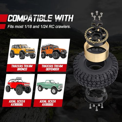 HobbyPark Brass 1.0 Beadlock Wheels and Tires for TRX4M Upgrades Axial SCX24 1/24 RC Crawler Replacement Parts, Set of 4 (Type D) - style: Type D