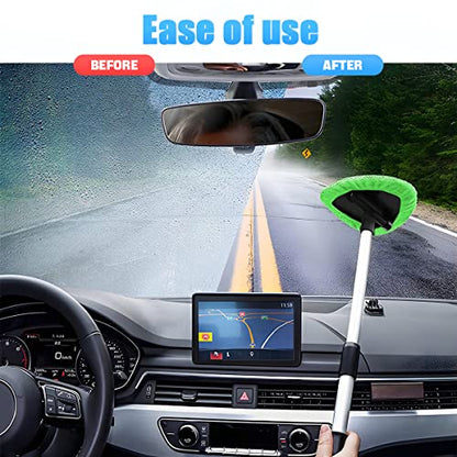 Windshield Cleaning Tool, Car Window Cleaner with Extendable Long Handle and 4 Washable Reusable Microfiber Pads, Auto Interior Exterior Glass Wiper Cleaning Kit Universal for Office and Home (Green) - color: Green