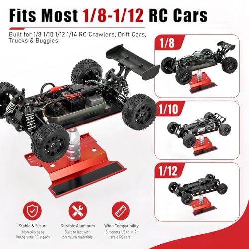 RC Car Repair Work Stand Lift Lower Adjustable Workstation Aluminum 360 Degree Rotation for 1/8 1/10 1/12 RC Car Traxxas Slash TRX4 Arrma Axial SCX10 Losi Redcat Wltoys RC Crawler Monster Truck Buggy - color: Lift Lower Red