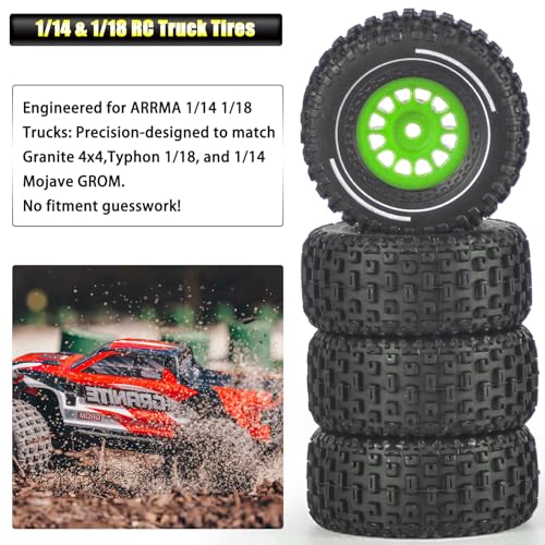Pre-Glued 1/16 & 1/18 RC Truck Tires & Wheels - 12mm Hex 2.56" OD, Green | All-Terrain Tires for Traxxas Slash, ARRMA Mojave GROM, Tamiya, Kyosho, HPI - Durable Nylon Wheels for On/Off Road Bashing - color: Green