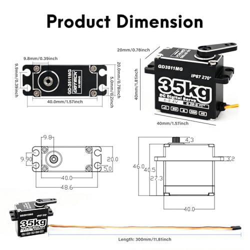GOTECK 35KG Digital Servo,Large Torque 8.4V Full Metal Gear IP67 Waterproof Steering Servo with 25T Servo Horn for 1/8 1/10 1/12 RC Crawler Car,Robot,Boat,Truck Robot Parts (35KG(8.4V)-270°)