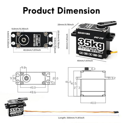 GOTECK 35KG Digital Servo,Large Torque 8.4V Full Metal Gear IP67 Waterproof Steering Servo with 25T Servo Horn for 1/8 1/10 1/12 RC Crawler Car,Robot,Boat,Truck Robot Parts (35KG(8.4V)-270°)