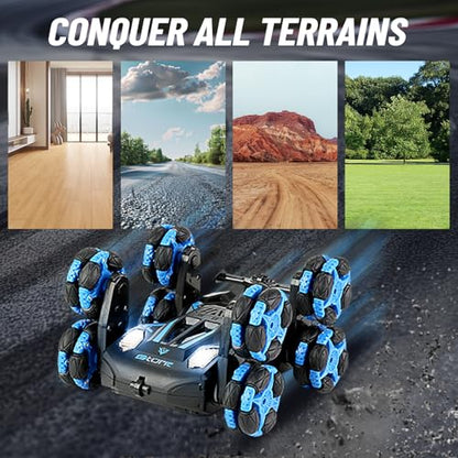 8WD Remote Control Stunt Car with Music Light Mist Spray, RC Drift Car Toys for Kids 6+, 2.4GHz Remote, Double Sided Driving, 360° Spins, Off-Road Stunt Vehicle, Birthday Gifts for Boys Girls - color: Blue
