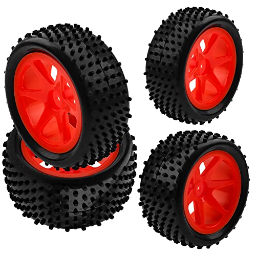 12mm Hex Plastic Wheel Rims & OD 88mm/3.46" Rubber Tire Front Rear Tyre Compatible with Redcat HPI HSP ExceedRC Kyosho Losi 1/10 Scale Off Road Buggy (Red) - color: Red