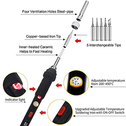 Electric Soldering Iron Kit 60W Adjustable Temperature Welding Soldering Iron with 5pcs Different Tips, 1 Solder Wire 1.0mm Dia. (Soldering Irons)(Upgrade Blue) - color: Upgrade Blue