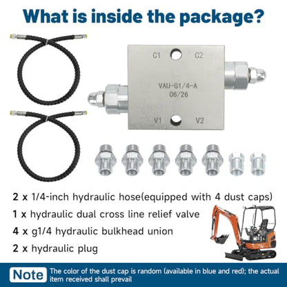 Mini Excavator Cushion Valve Kit | Compatible with Mini Excavator or Machine with 1/4" Hydraulic Hoses and M14 x 1.5 Threaded Ends - color: Silver 2