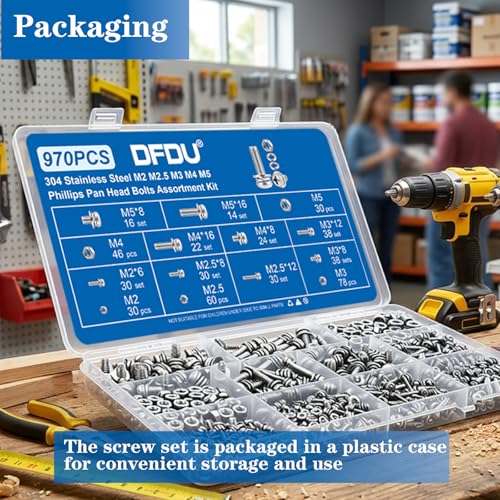 970PCS Machine Screws Assortment Kit Phillips Pan Head 304 SS M2-M5 | Rust-proof M2-M5 metric bolts & nuts for home repair. Fixed washers save time. For DIY, furniture, appliances and outdoors - size: SS M2M2.5M3M4M5 970PCS