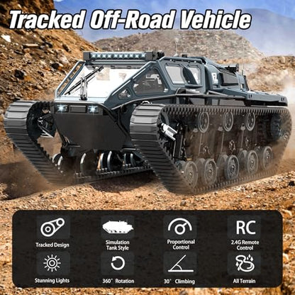 Mostop RC Tank Car, 1:16 Scale 2.4Ghz Remote Control Crawler High Speed Tank, Off-Road RC Tracked Vehicles 360°Rotating Drifting Car with 2 Batteries, Military Truck for Kids Adults, Gray - color: Dark Gray