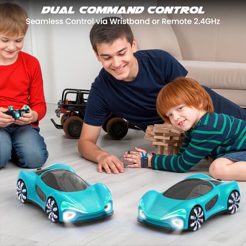 SIMREX Gesture Sensing Remote Control Car with Charging Dock - 360° Rotate Drift RC Stunt Car Toy, 40 Min Playtime, Dual Control, Spray Mist & LED Lights, Birthday Gift for Kids Boys Girls（Blue） - color: Blue