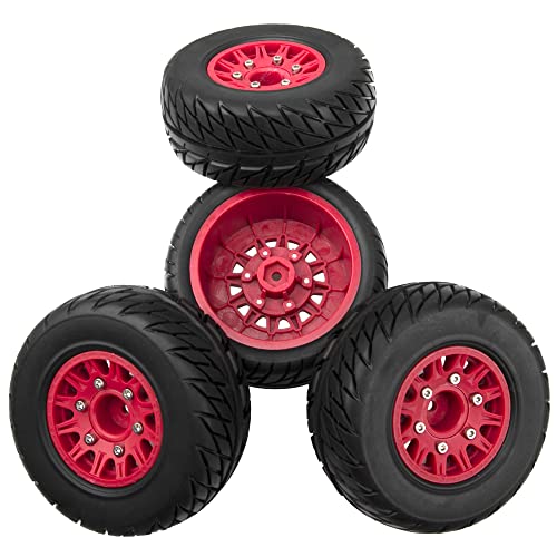 4Pack Vgoohobby 4.45" 1/10 RC Off-Road Car Rubber Tires & Plastic Wheels Rim Compatible with Traxxas Arrma Redcat Tamiya HPI Kyosho 1/10 RC Off-Road Buggy Short-Course Truck (Red,Style 2 Tire-Skin)