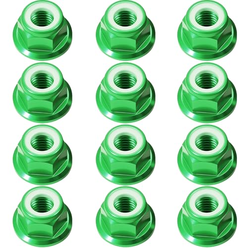 12Pcs M4 Flange Nuts Aluminum, M4-0.7mm Hex Flange Nylon Insert Lock Nuts for 1/10 Scale RC Car Traxxas Slash 4x4 2WD Stampede VXL Rustler VXL HPI Redcat Axial Racing Truck Buggy Crawler Wheels Green - color: Green, size: 12Pcs