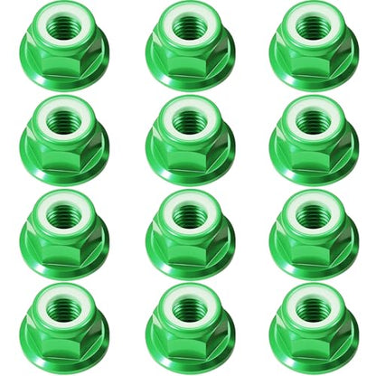 12Pcs M4 Flange Nuts Aluminum, M4-0.7mm Hex Flange Nylon Insert Lock Nuts for 1/10 Scale RC Car Traxxas Slash 4x4 2WD Stampede VXL Rustler VXL HPI Redcat Axial Racing Truck Buggy Crawler Wheels Green - color: Green, size: 12Pcs