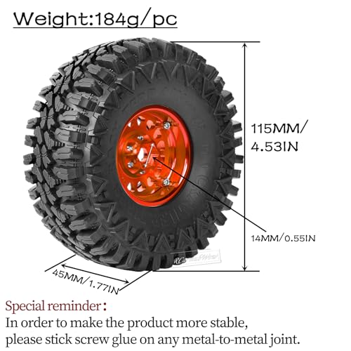 RC 1.9in Beadlock Wheels and Tires for 1/10 TRX4,Axia1 SCX10 II 90046 SCX10 III,D90 RC Crawler Car,Alloy 1.9in rc Beadlock Rims,Soft Rubber 1.9in rc Beadlock Tires,4pcs,Orange - color: Orange(4pcs)