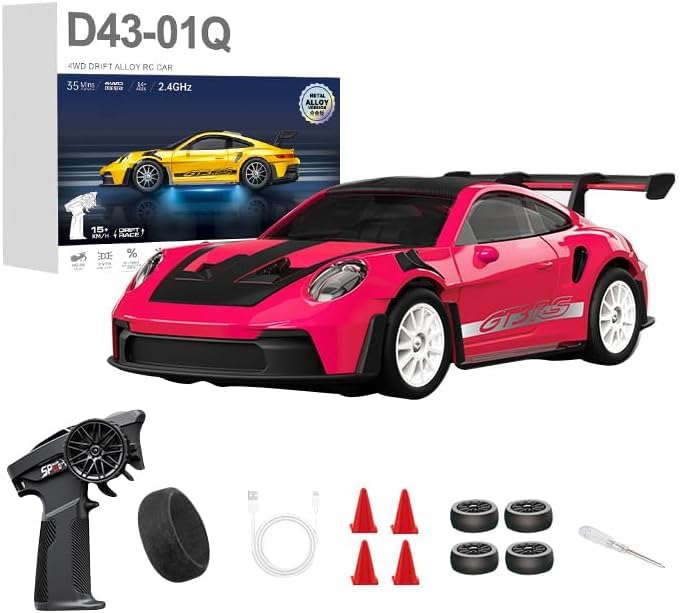 1:43 RC Drift Car 20KM/H with Gyro, 2.4G 4WD Full Proportional Alloy Sport Racing Car, Adjustable Speed, LED Lighting for Teens & Adults-D43-01 - color: Q6/Magenta