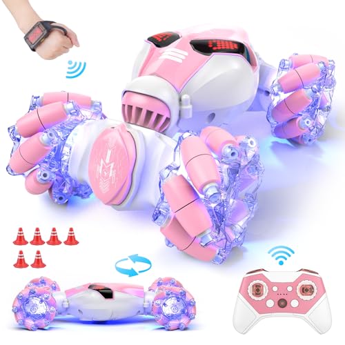 Gesture Sensing Rc Stunt Car with Light & Music, 2.4GH 4WD Hand Controlled Double Sided 360° Flips Off Road Transform Vehicle Truck with LED Eyes, Toy Gift for Kid Age 8+ Girls (Pink)