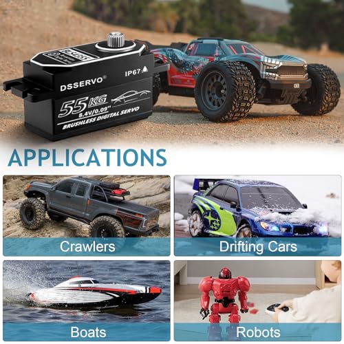 55kg Low Profile Brushless Servo with 2PCS 25T Servo Horn All Metal IP67 Waterproof Digital Servo High Torque Fast Steering Servo for 1/8 1/10 1/12 1/14 RC Car, 180°
