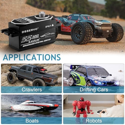 55kg Low Profile Brushless Servo with 2PCS 25T Servo Horn All Metal IP67 Waterproof Digital Servo High Torque Fast Steering Servo for 1/8 1/10 1/12 1/14 RC Car, 270°