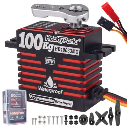 HobbyPark Waterproof RC Servo High Torque Brushless Motor Metal Gear Digital Servo Aluminum Case for 1/8 1/10 RC Crawler SCX10 TRX4 RC Truck Car Buggy RC Basher Control Angle 180° HV (100kg Torque)