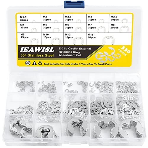 External Retaining Rings, 330PCS 304 Stainless Steel Retaining Rings E-Clip Assortment Set-M1.5 M2 M2.5 M3 M3.5 M4 M5 M6 M7 M8 M9 M10 M12 M15 E-Clips for Bearings, Gears, Pulleys, Axles - color: Silver, size: 330 pcs