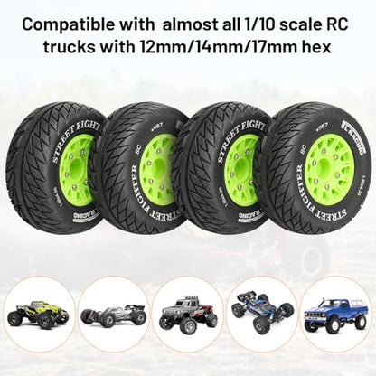 12mm/14mm/17mm Hex RC Wheels and Tires RC Truck Tires 1/10 Scale Tyres Hex Detachable Replacement for Arrma Senton Slash Axial Redcat Rc4wd Fury (Green C) - color: Green